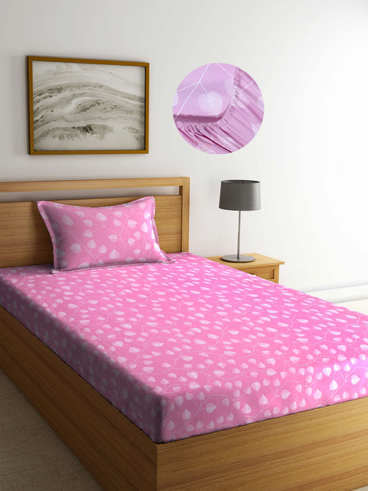 Arrabi Pink Leaf TC Cotton Blend Single Size Fitted Bedsheet with 1 Pillow Cover (220 X 150 cm)
