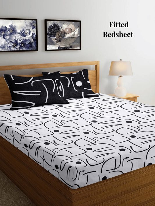 Arrabi Grey Geometric TC Cotton Blend Super King Size Fitted Bedsheet with 2 Pillow Covers (270 X 260 Cm)