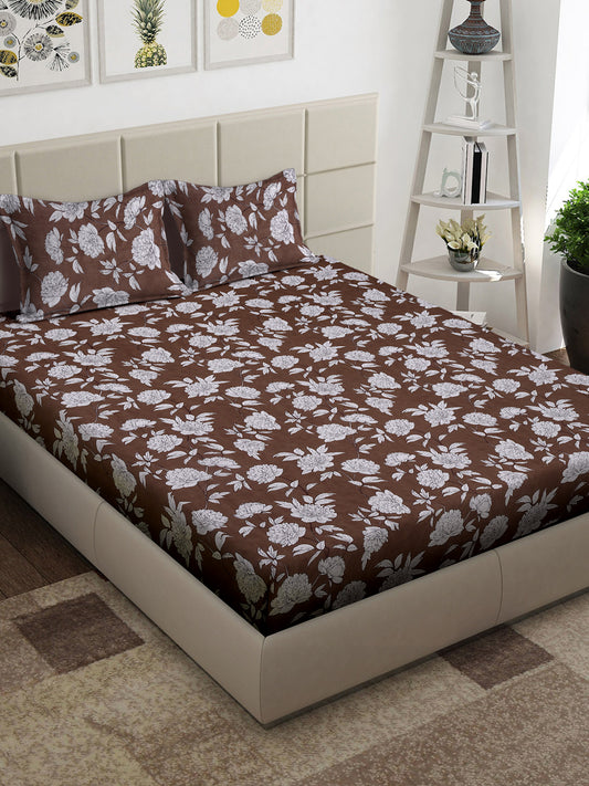 Arrabi Brown Floral TC Cotton Blend King Size Bedsheet with 2 Pillow Covers (250 x 215 cm)