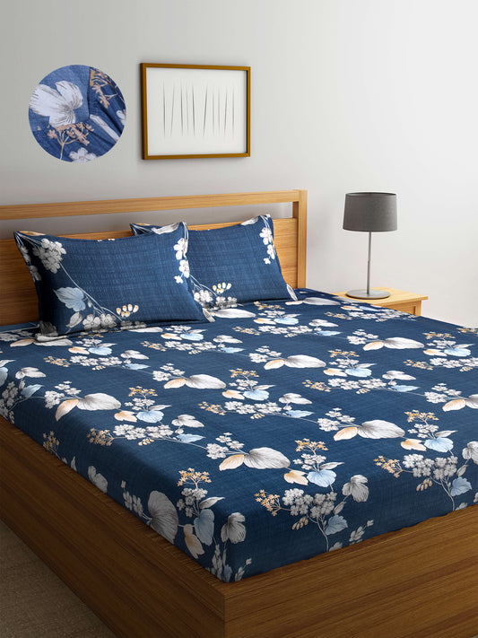 Arrabi Blue Floral TC Cotton Blend Super King Size Fitted Bedsheet with 2 Pillow Covers (270 X 260 Cm)