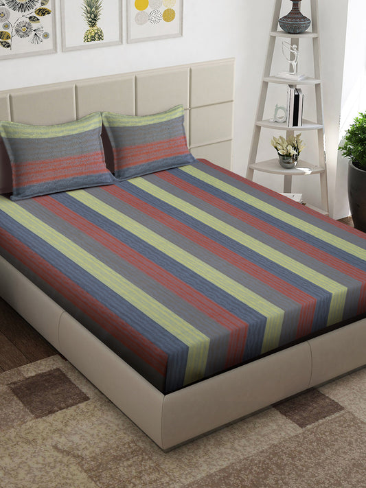 Arrabi Multi Stripes Handwoven Cotton King Size Bedsheet with 2 Pillow Covers (260 x 230 cm)