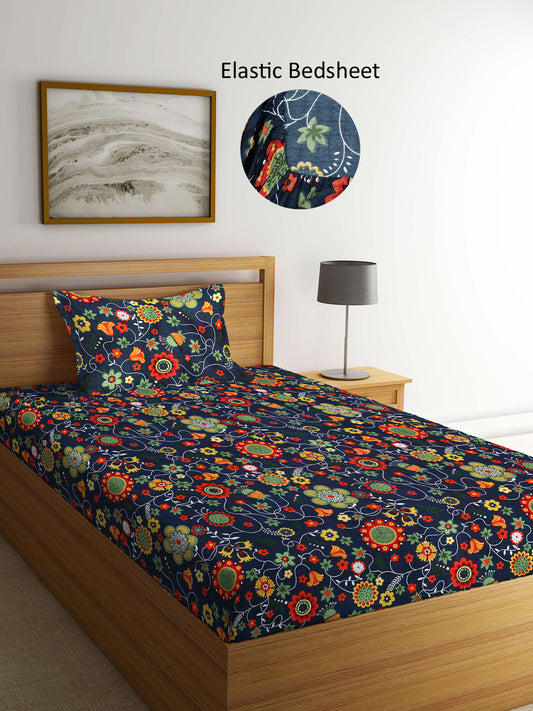 Arrabi Blue Floral TC Cotton Blend Single Size Fitted Bedsheet with 1 Pillow Cover (215 X 150 cm)