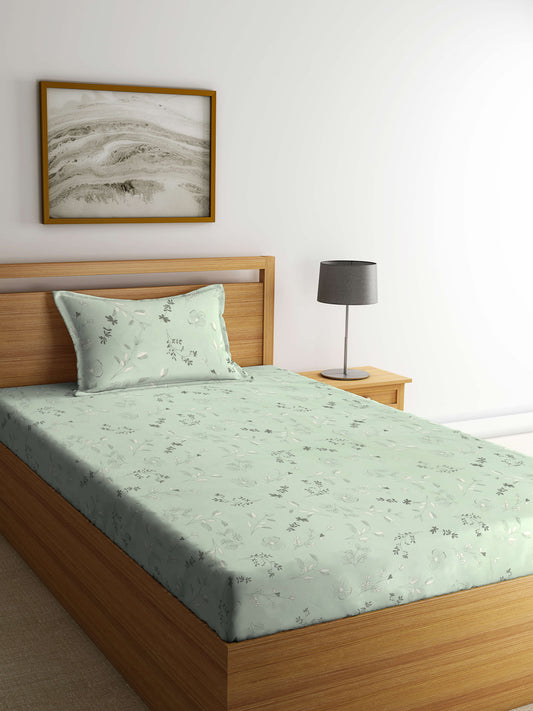 Arrabi Green Floral TC Cotton Blend Single Size Bedsheet with 1 Pillow Cover (215 x 150 cm)