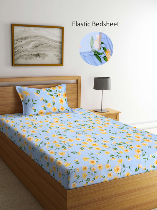 Arrabi Blue Floral TC Cotton Blend Single Size Fitted Bedsheet with 1 Pillow Cover (215 X 150 cm)