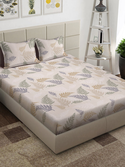 Arrabi Beige Leaf TC Cotton Blend King Size Bedsheet with 2 Pillow Covers (250 x 215 cm)