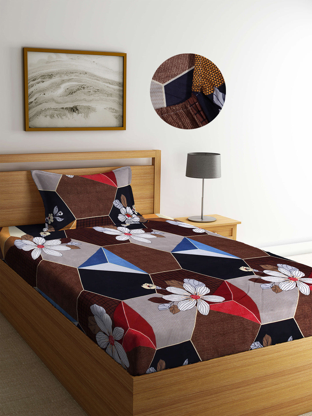 Arrabi Multi Floral TC Cotton Blend Single Size Fitted Bedsheet with 1 Pillow Cover (220 X 150 cm)