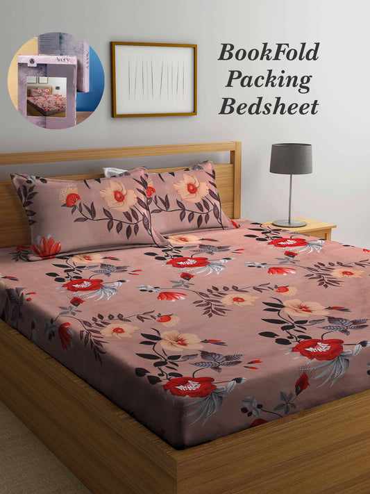 Arrabi Brown Floral TC Cotton Blend Super King Size Bookfold Bedsheet with 2 Pillow Covers (270 X 260 cm)