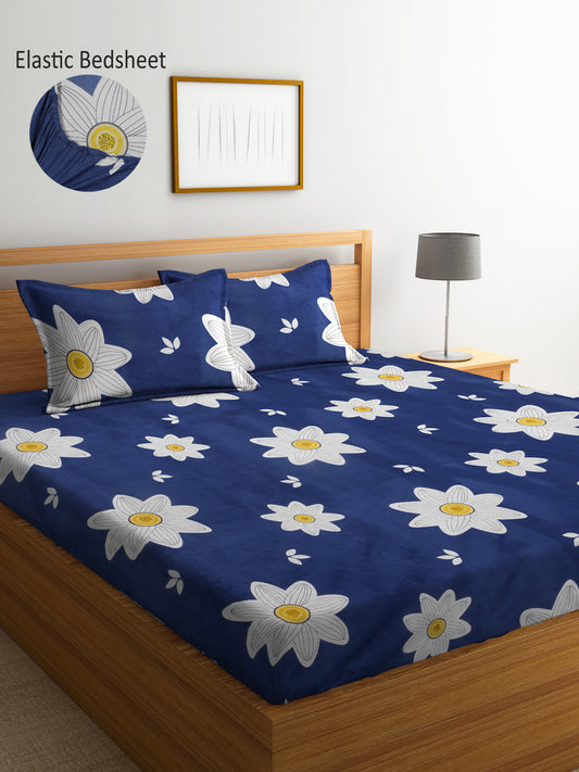 Arrabi Blue Floral TC Cotton Blend King Size Fitted Bedsheet with 2 Pillow Covers (250 X 215 Cm )