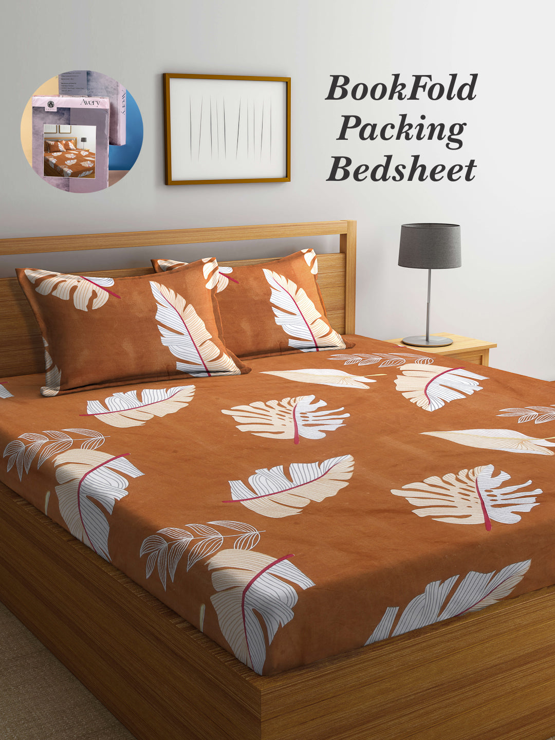 Arrabi Brown Leaf TC Cotton Blend King Size Bookfold Bedsheet with 2 Pillow Covers (250 X 215 cm)