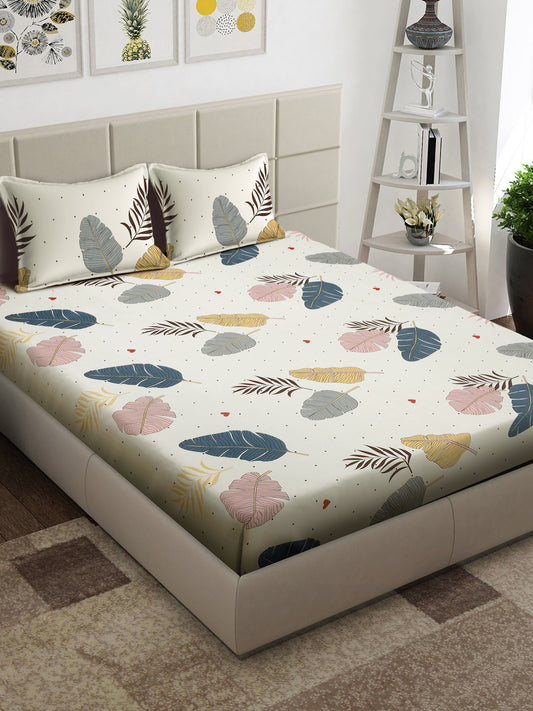 Arrabi Cream Leaf TC Cotton Blend King Size Bedsheet with 2 Pillow Covers (250 x 215 cm)