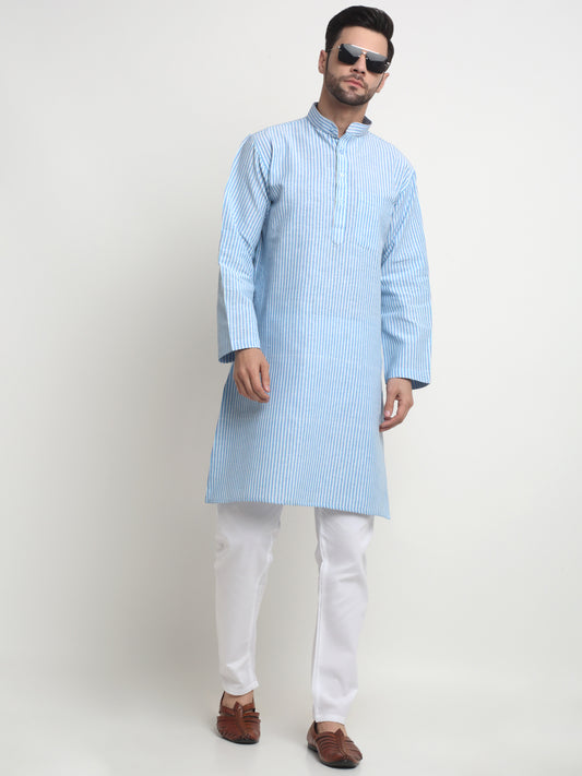 Arrabi Men Blue Pure Cotton Striped Kurta with Churidar Pyjama