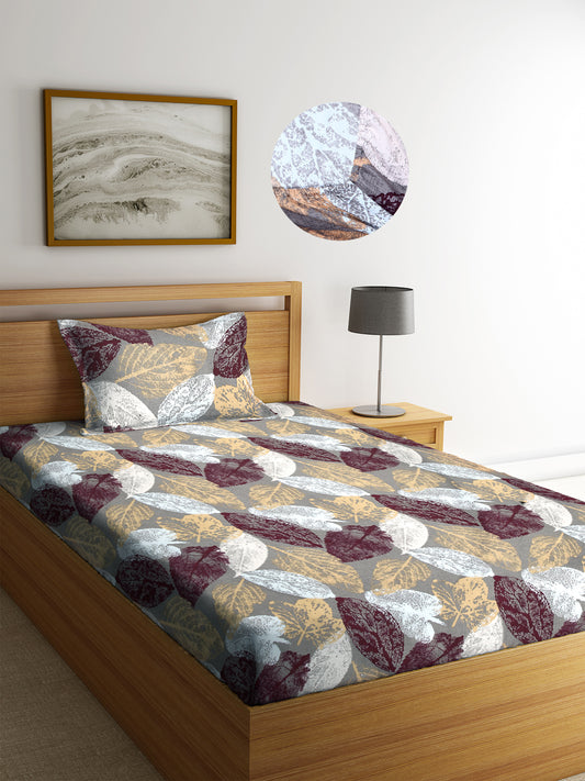 Arrabi Multi Leaf TC Cotton Blend Single Size Fitted Bedsheet with 1 Pillow Cover (220 X 150 cm)