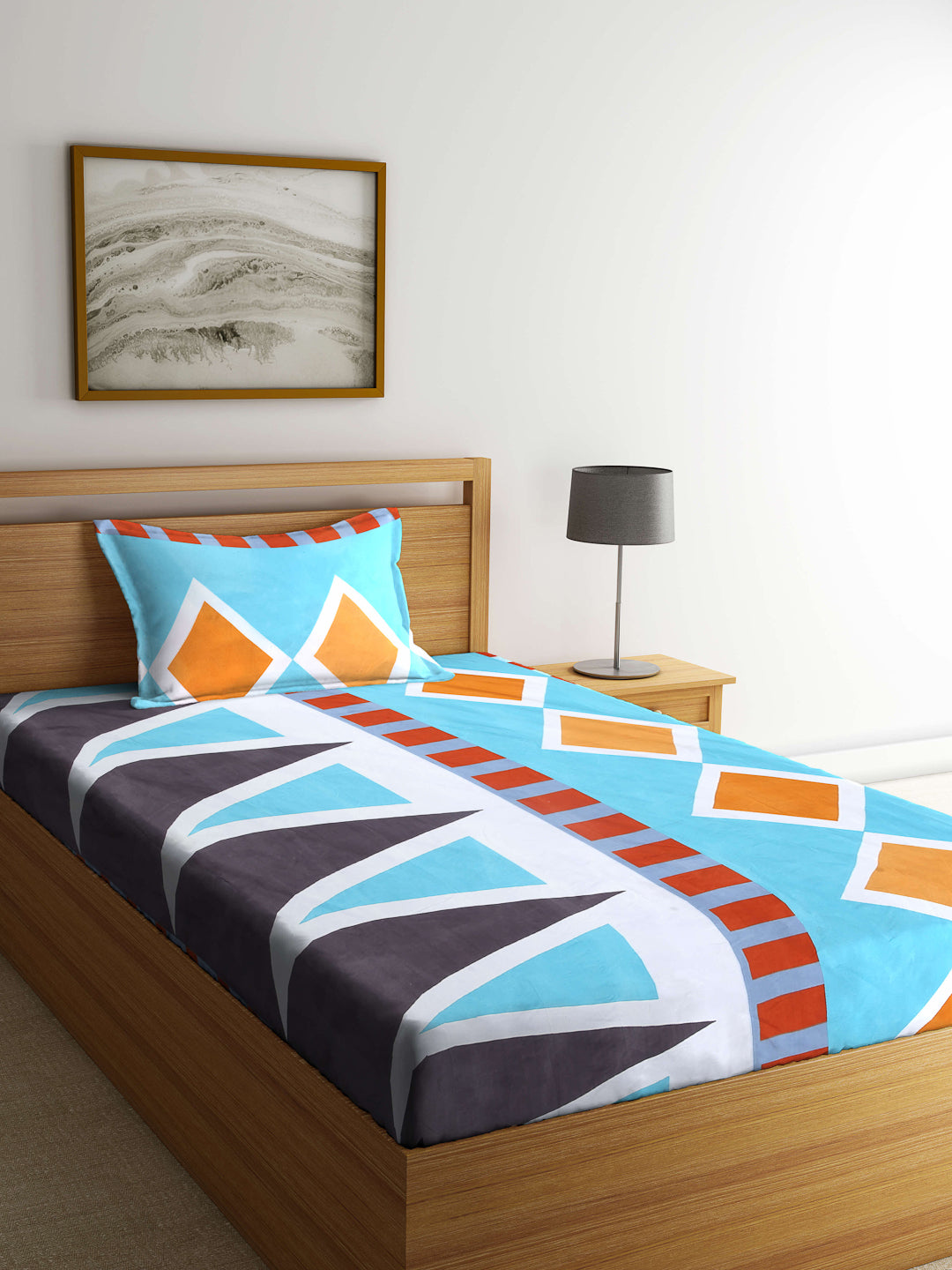 Arrabi Blue Geometric TC Cotton Blend Single Size Bedsheet with 1 Pillow Cover (215 x 150 cm)