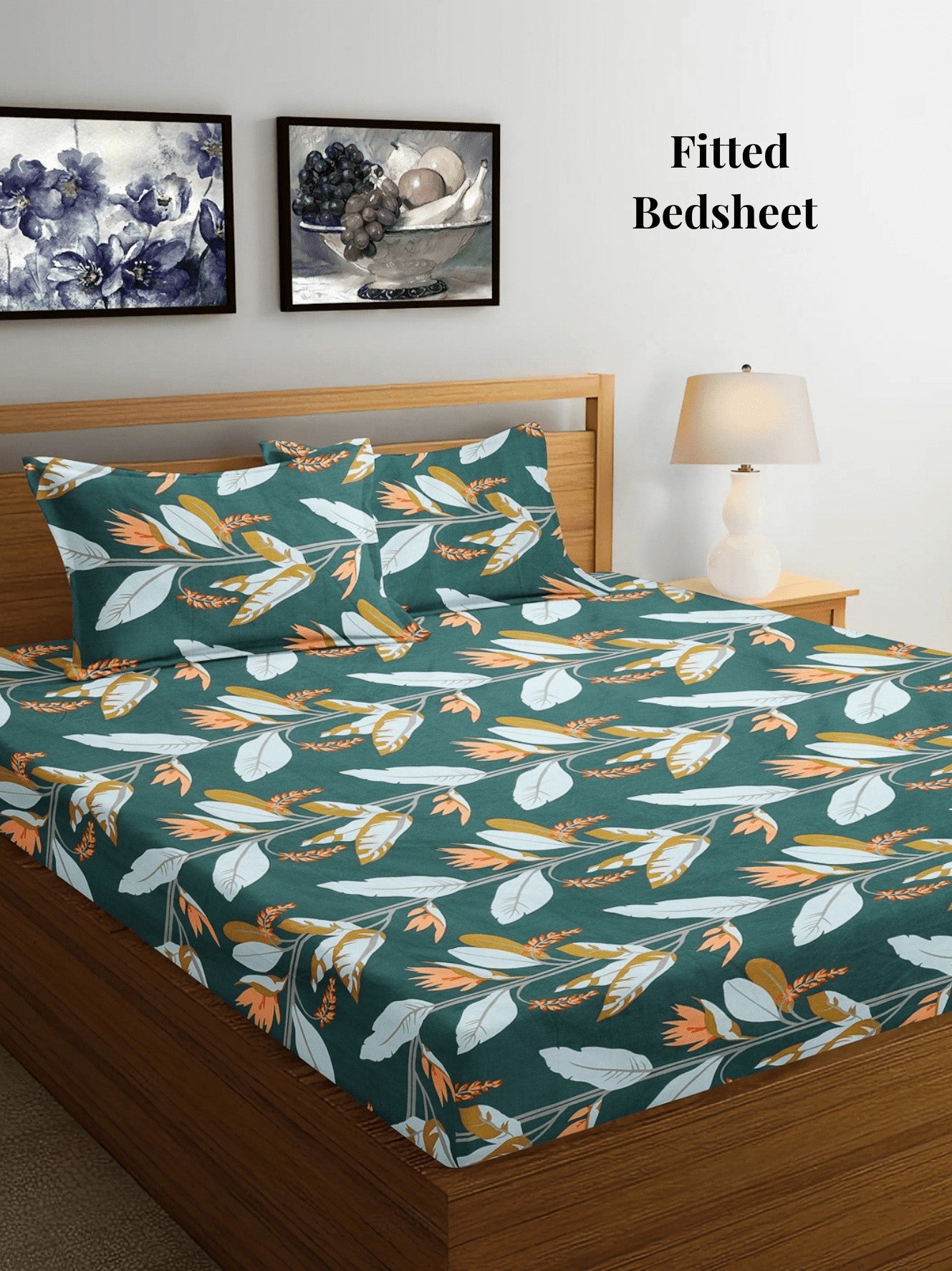 Arrabi Green Floral TC Cotton Blend King Size Fitted Bedsheet with 2 Pillow Covers (250 X 215 Cm)