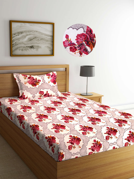 Arrabi Cream Floral TC Cotton Blend Single Size Fitted Bedsheet with 1 Pillow Cover (220 X 150 cm)