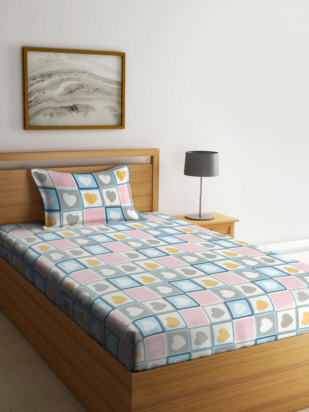 Arrabi Multi Geometric TC Cotton Blend Single Size Bedsheet with 1 Pillow Cover (215 x 150 cm)