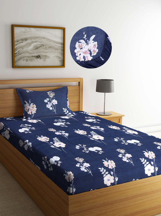 Arrabi Blue Leaf TC Cotton Blend Single Size Fitted Bedsheet with 1 Pillow Cover (220 X 150 cm)