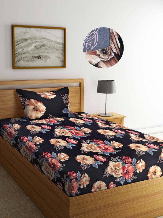 Arrabi Black Floral TC Cotton Blend Single Size Fitted Bedsheet with 1 Pillow Cover (220 X 150 cm)