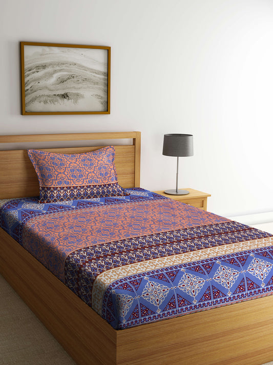 Arrabi Multi Indian TC Cotton Blend Single Size Bedsheet with 1 Pillow Cover (215 x 150 cm)