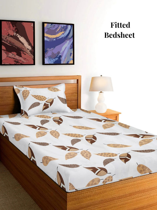 Arrabi Cream Leaf TC Cotton Blend Single Size Fitted Bedsheet with 1 Pillow Cover (215 x 150 cm)