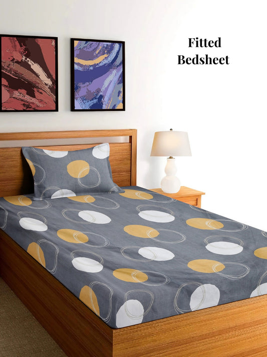Arrabi Grey Geometric TC Cotton Blend Single Size Fitted Bedsheet with 1 Pillow Cover (215 x 150 cm)