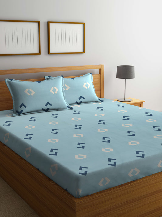 Arrabi Blue Graphic TC Cotton Blend King Size Bedsheet with 2 Pillow Covers (250 X 215 cm)