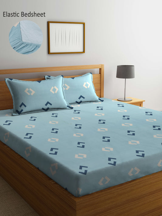 Arrabi Blue Graphic TC Cotton Blend King Size Fitted Bedsheet with 2 Pillow Covers (250 X 215 Cm )