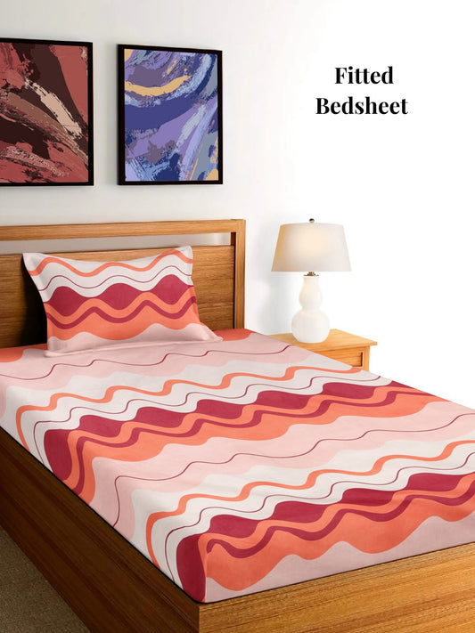 Arrabi Pink Stripes TC Cotton Blend Single Size Fitted Bedsheet with 1 Pillow Cover (215 x 150 cm)