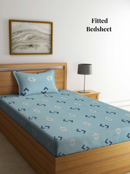 Arrabi Blue Geometric TC Cotton Blend Single Size Fitted Bedsheet with 1 Pillow Cover (215 x 150 cm)