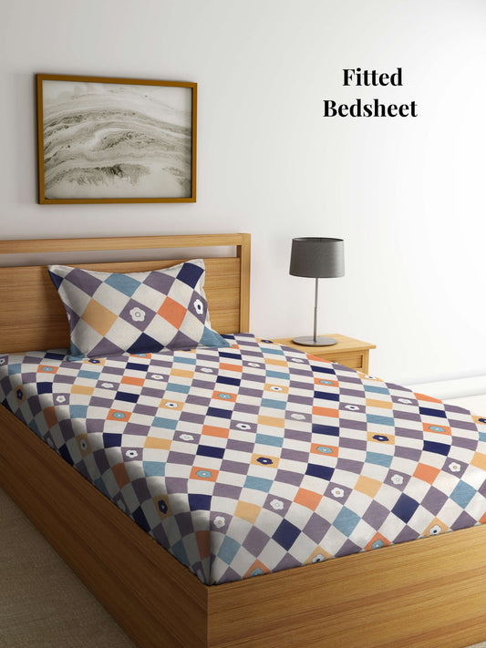 Arrabi Multi Geometric TC Cotton Blend Single Size Fitted Bedsheet with 1 Pillow Cover (215 x 150 cm)
