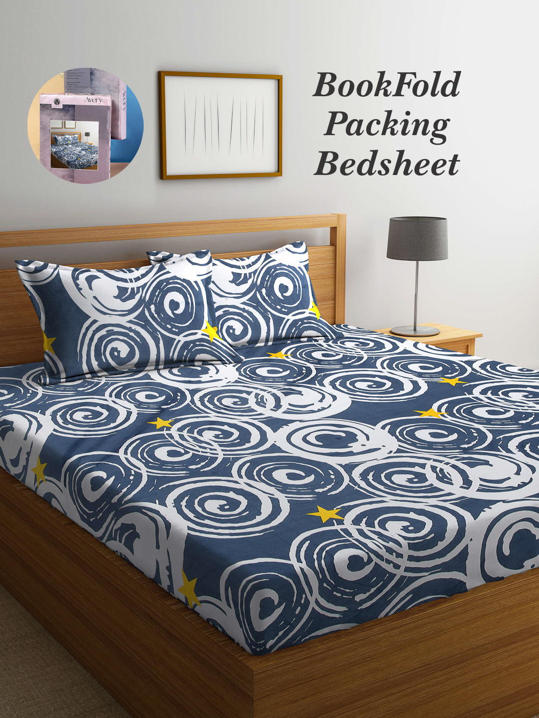 Arrabi Grey Graphic TC Cotton Blend King Size Bookfold Bedsheet with 2 Pillow Covers (250 X 215 cm)