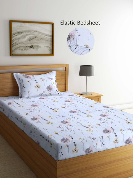 Arrabi Grey Floral TC Cotton Blend Single Size Fitted Bedsheet with 1 Pillow Cover (215 X 150 cm)