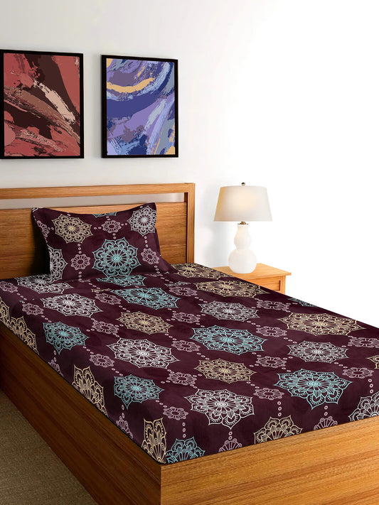 Arrabi Violet Indian TC Cotton Blend Single Size Bedsheet with 1 Pillow Cover (215 x 150 cm)