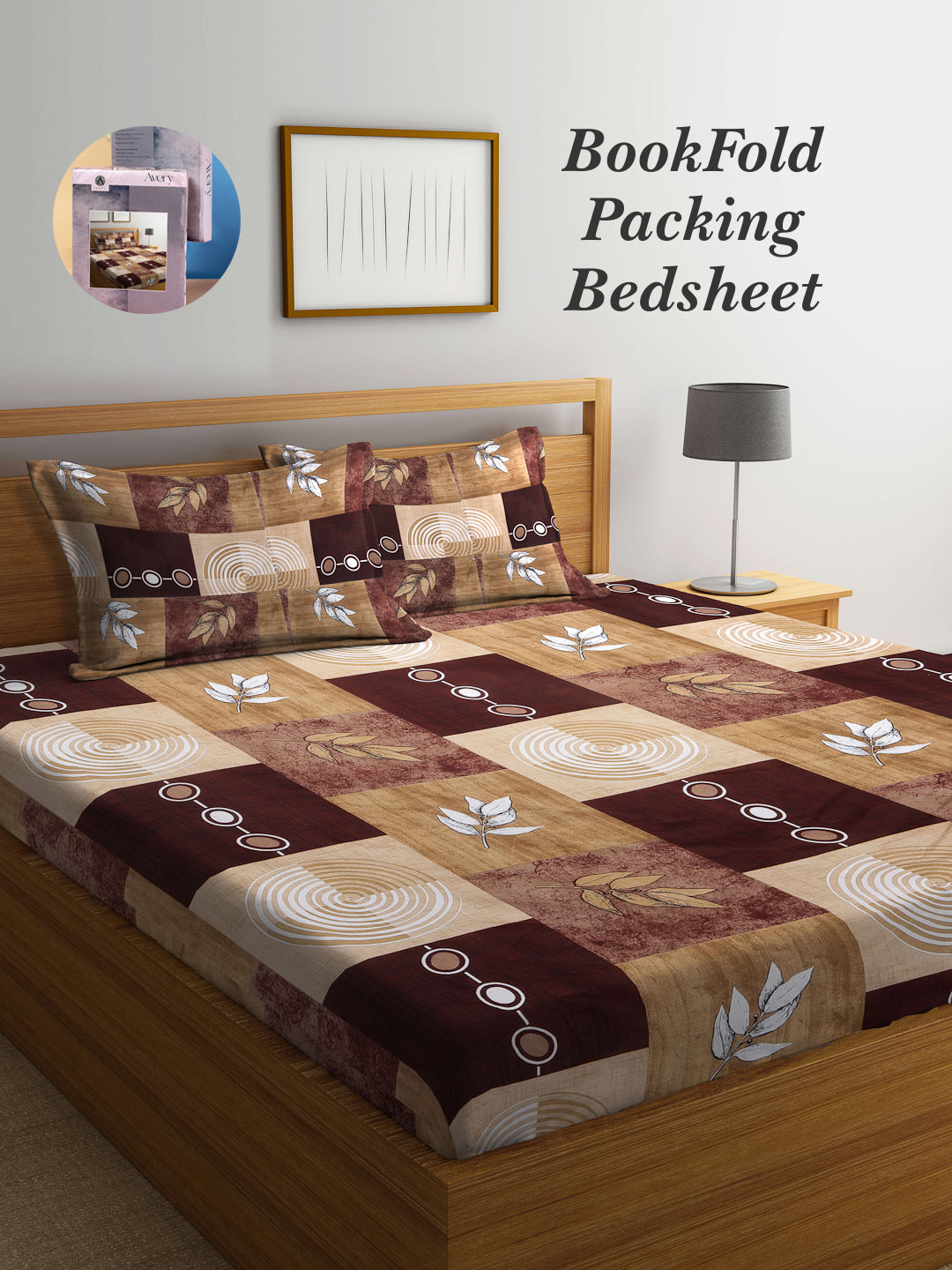 Arrabi Brown Geometric TC Cotton Blend King Size Bookfold Bedsheet with 2 Pillow Covers (250 X 215 cm)