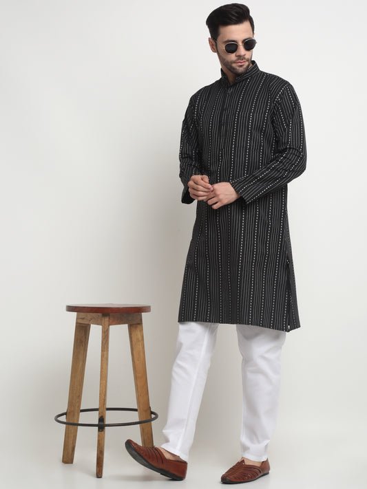 Arrabi Men Black Pure Cotton Geometric Kurta Pyjama Set with Pockets