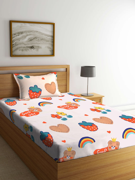 Arrabi Multi Cartoon TC Cotton Blend Single Size Bedsheet with 1 Pillow Cover (215 x 150 cm)
