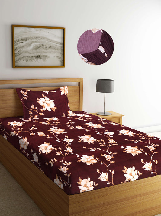 Arrabi Brown Floral TC Cotton Blend Single Size Fitted Bedsheet with 1 Pillow Cover (220 X 150 cm)