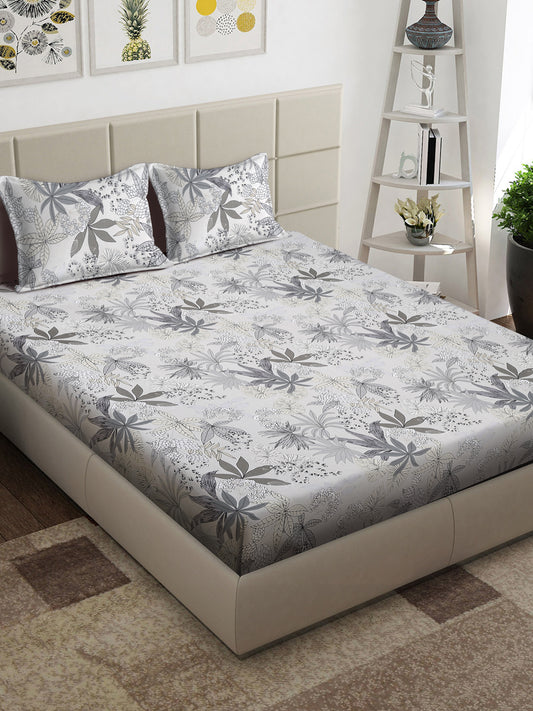 Arrabi Grey Floral TC Cotton Blend King Size Bedsheet with 2 Pillow Covers (250 x 215 cm)