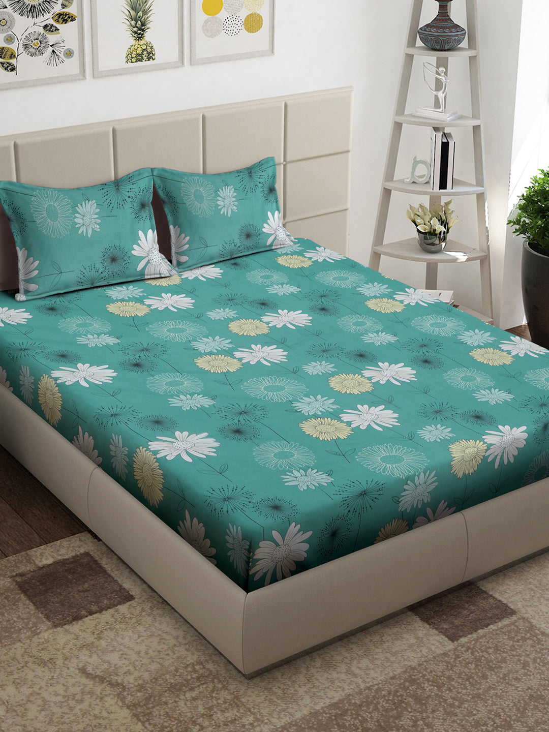 Arrabi Green Floral TC Cotton Blend King Size Bedsheet with 2 Pillow Covers (250 x 215 cm)