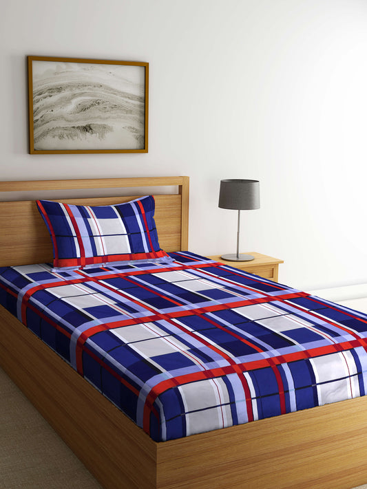 Arrabi Blue Geometric TC Cotton Blend Single Size Bedsheet with 1 Pillow Cover (215 x 150 cm)