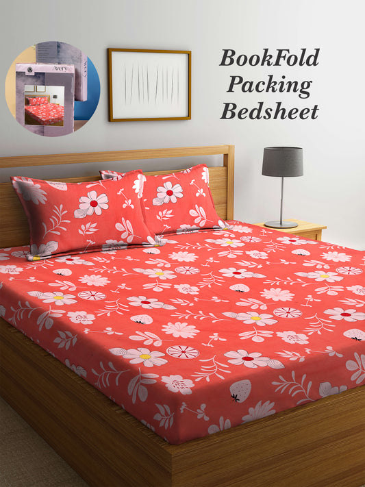 Arrabi Orange Floral TC Cotton Blend King Size Bookfold Bedsheet with 2 Pillow Covers (250 X 220 cm)