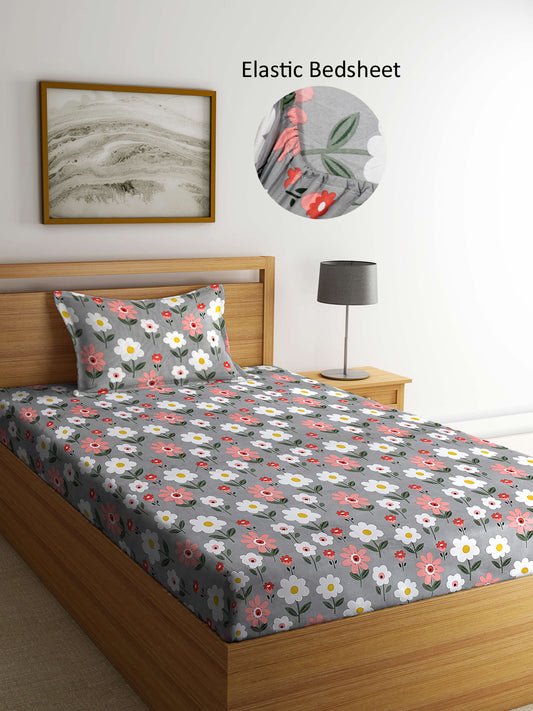 Arrabi Grey Floral TC Cotton Blend Single Size Fitted Bedsheet with 1 Pillow Cover (215 X 150 cm)