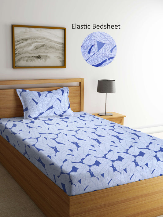 Arrabi Blue Leaf TC Cotton Blend Single Size Fitted Bedsheet with 1 Pillow Cover (215 X 150 cm)