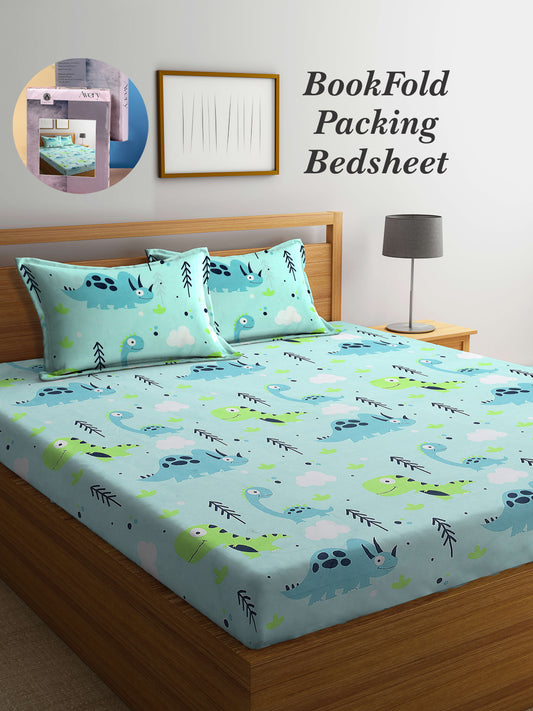 Arrabi Green Cartoon TC Cotton Blend King Size Bookfold Bedsheet with 2 Pillow Covers (250 X 215 cm)