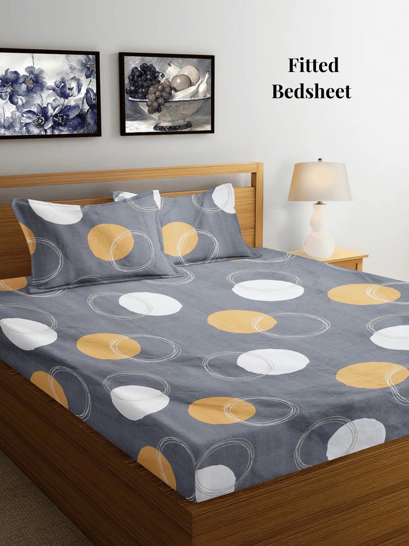 Arrabi Grey Geometric TC Cotton Blend King Size Fitted Bedsheet with 2 Pillow Covers (250 X 215 Cm)