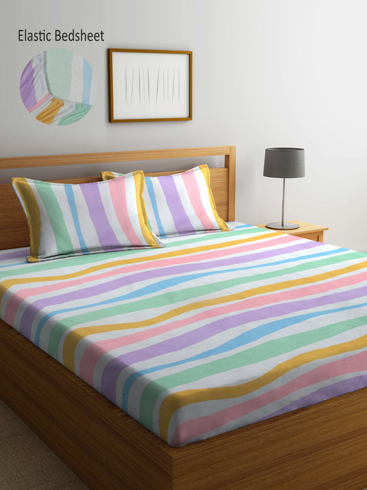 Arrabi Multi Striped TC Cotton Blend King Size Fitted Bedsheet with 2 Pillow Covers (250 X 215 Cm )