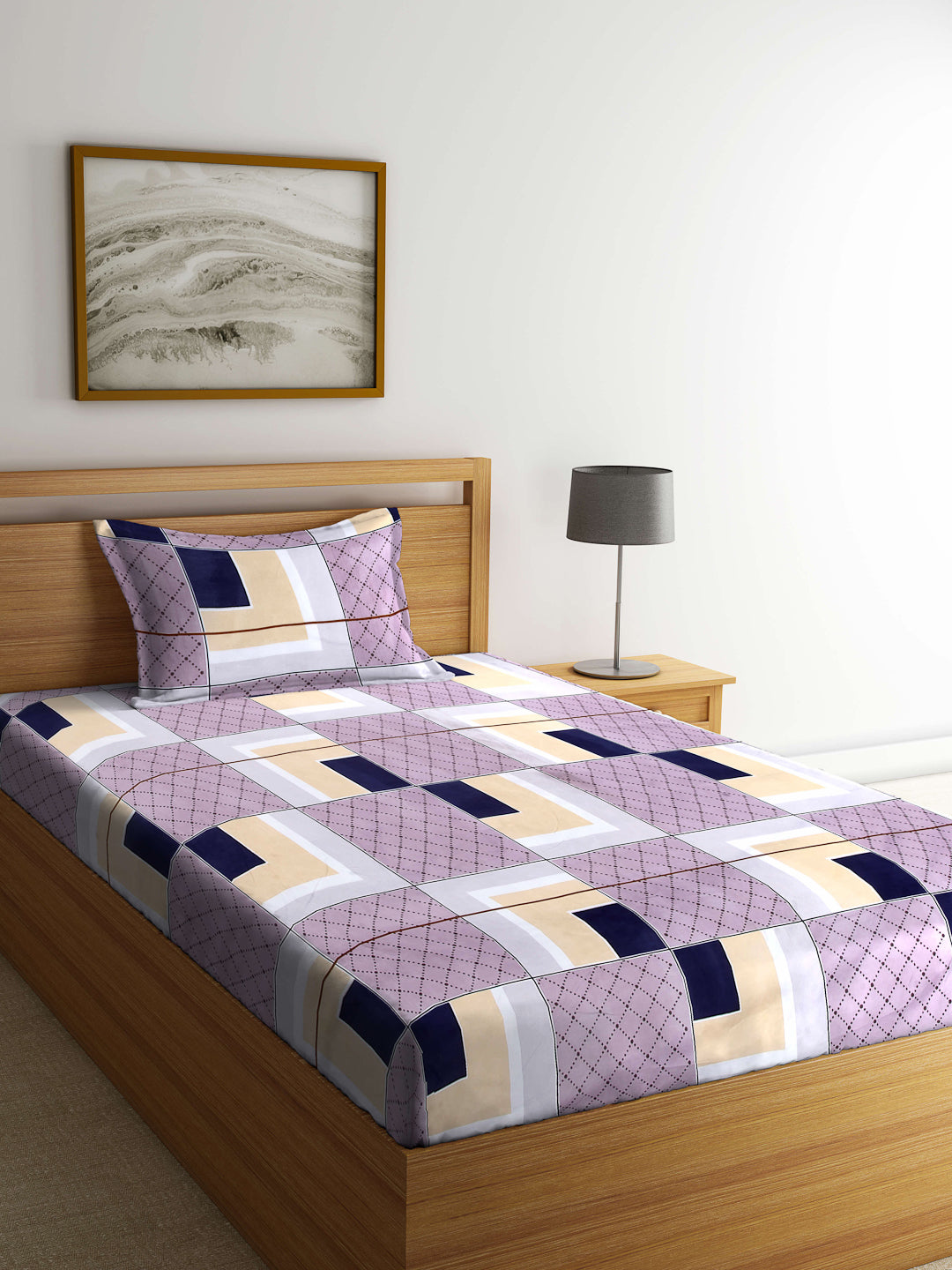 Arrabi Multi Geometric TC Cotton Blend Single Size Bedsheet with 1 Pillow Cover (215 x 150 cm)