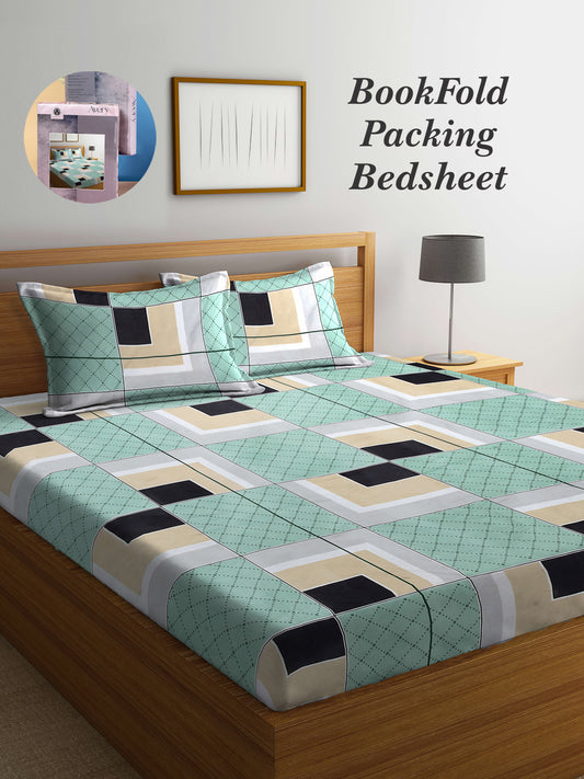 Arrabi Green Geometric TC Cotton Blend King Size Bookfold Bedsheet with 2 Pillow Covers (250 X 215 cm)