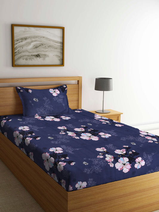 Arrabi Blue Floral TC Cotton Blend Single Size Bedsheet with 1 Pillow Cover (220 x 150 cm)