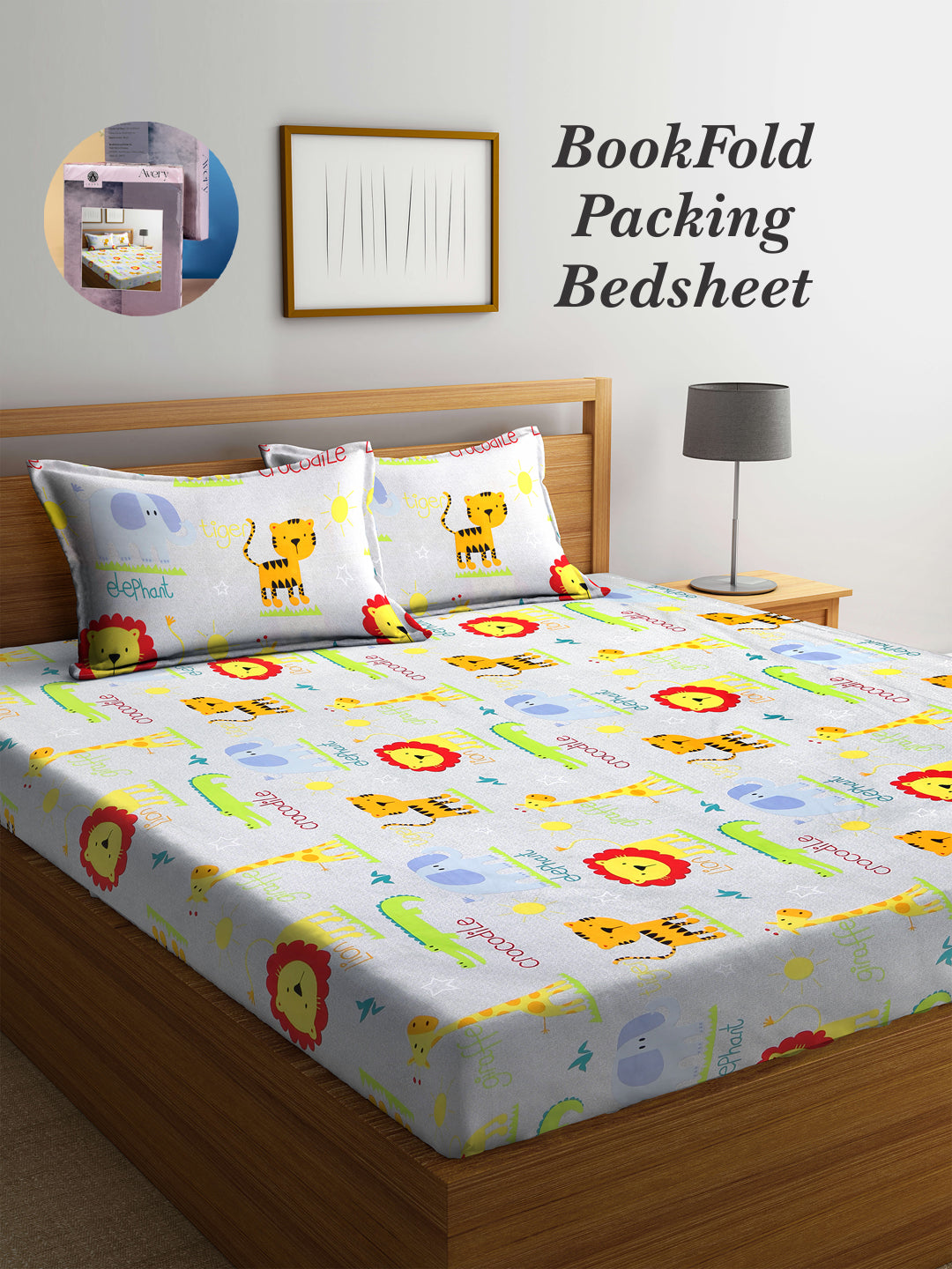 Arrabi Multi Cartoon TC Cotton Blend King Size Bookfold Bedsheet with 2 Pillow Covers (250 X 220 cm)